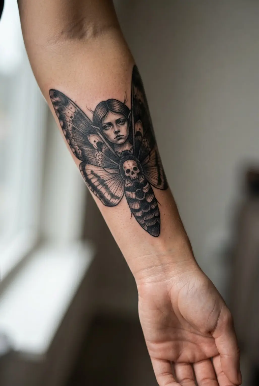 Gothic fairy tattoo designs show a death head moth winged pixie in dark black ink.