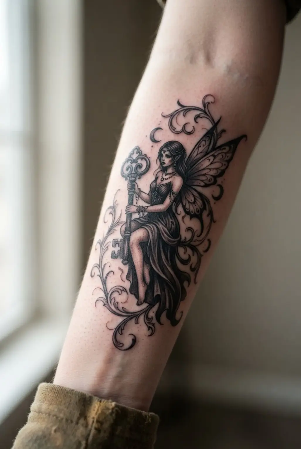 A gothic fairy holds an ornate key, framed by curling vines and small crescent-shaped details.