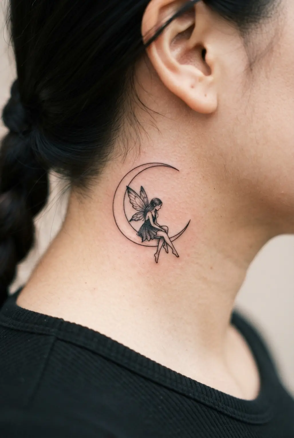 Gothic fairy tattoo designs feature a perched dark fairy beside a crescent moon in fine black ink.