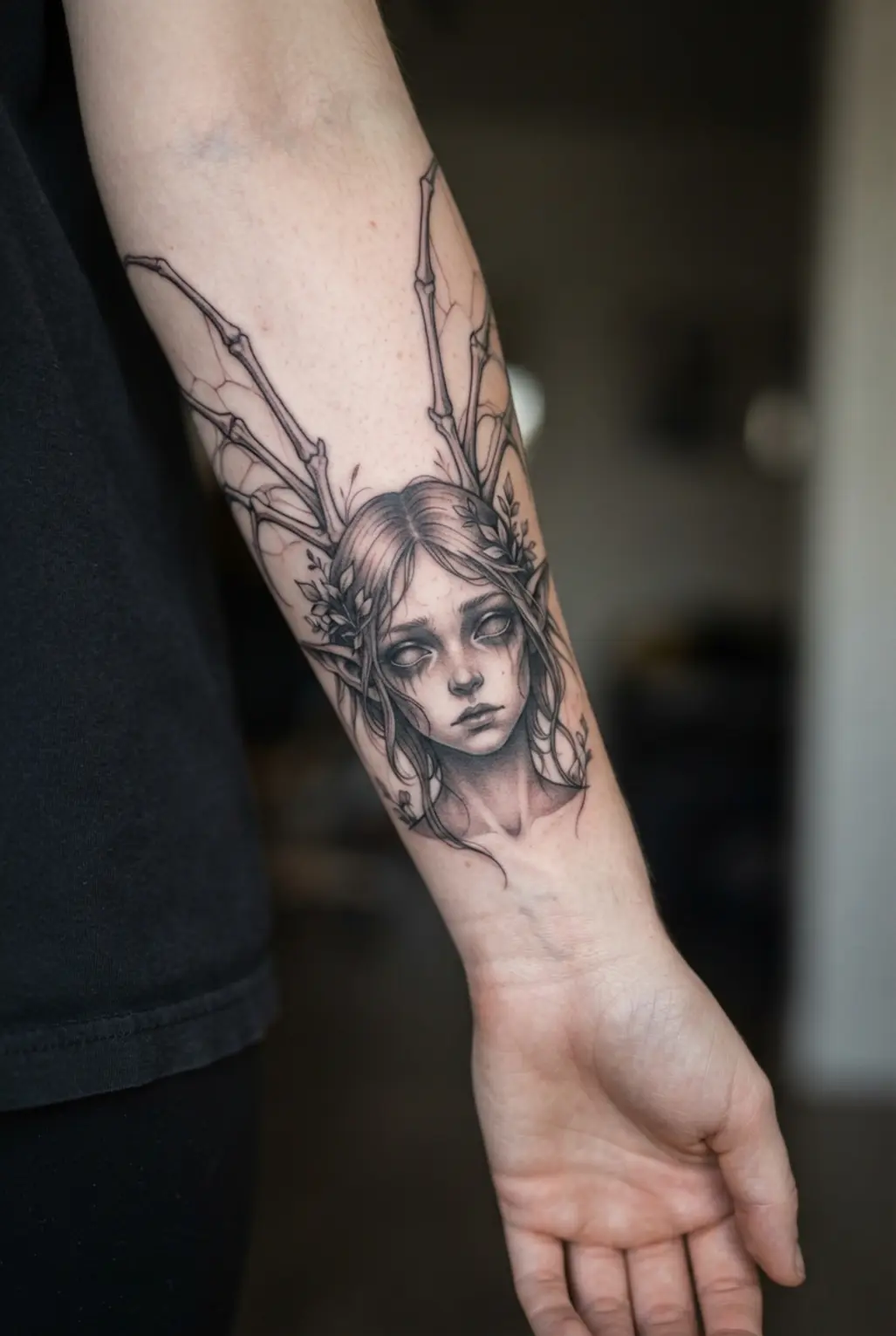 Gothic fairy tattoo designs show a forest sprite portrait with skeletal wings and grey shading.