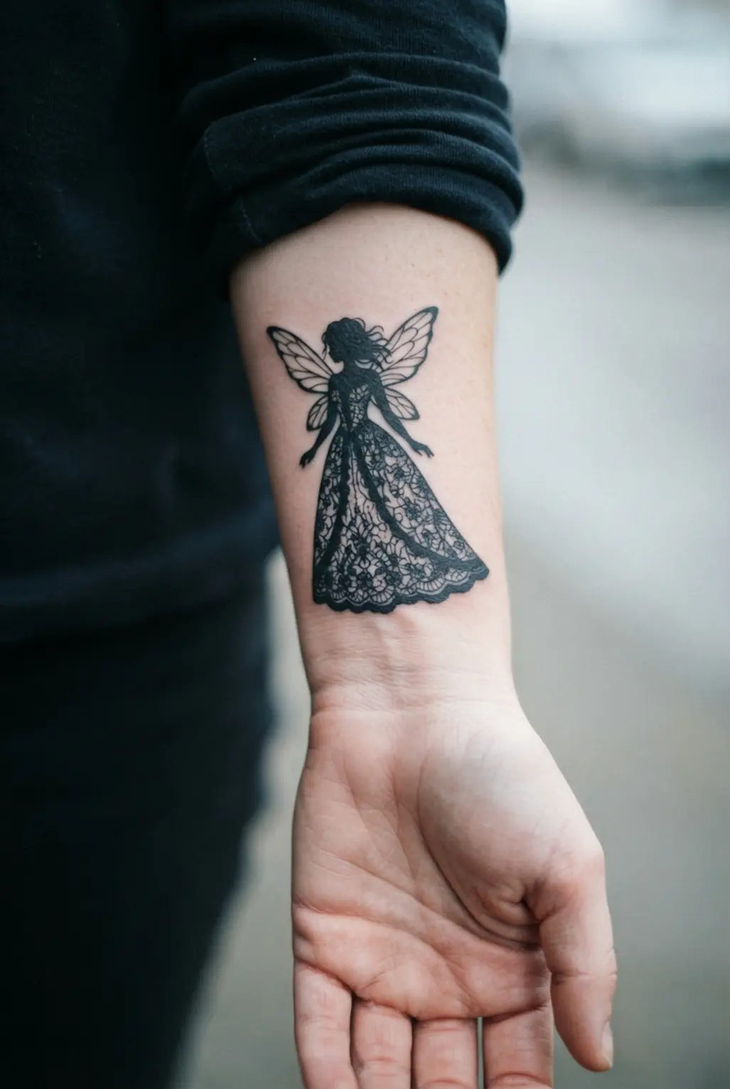 Gothic fairy tattoo designs feature a lace-gowned fairy silhouette with fine black linework.