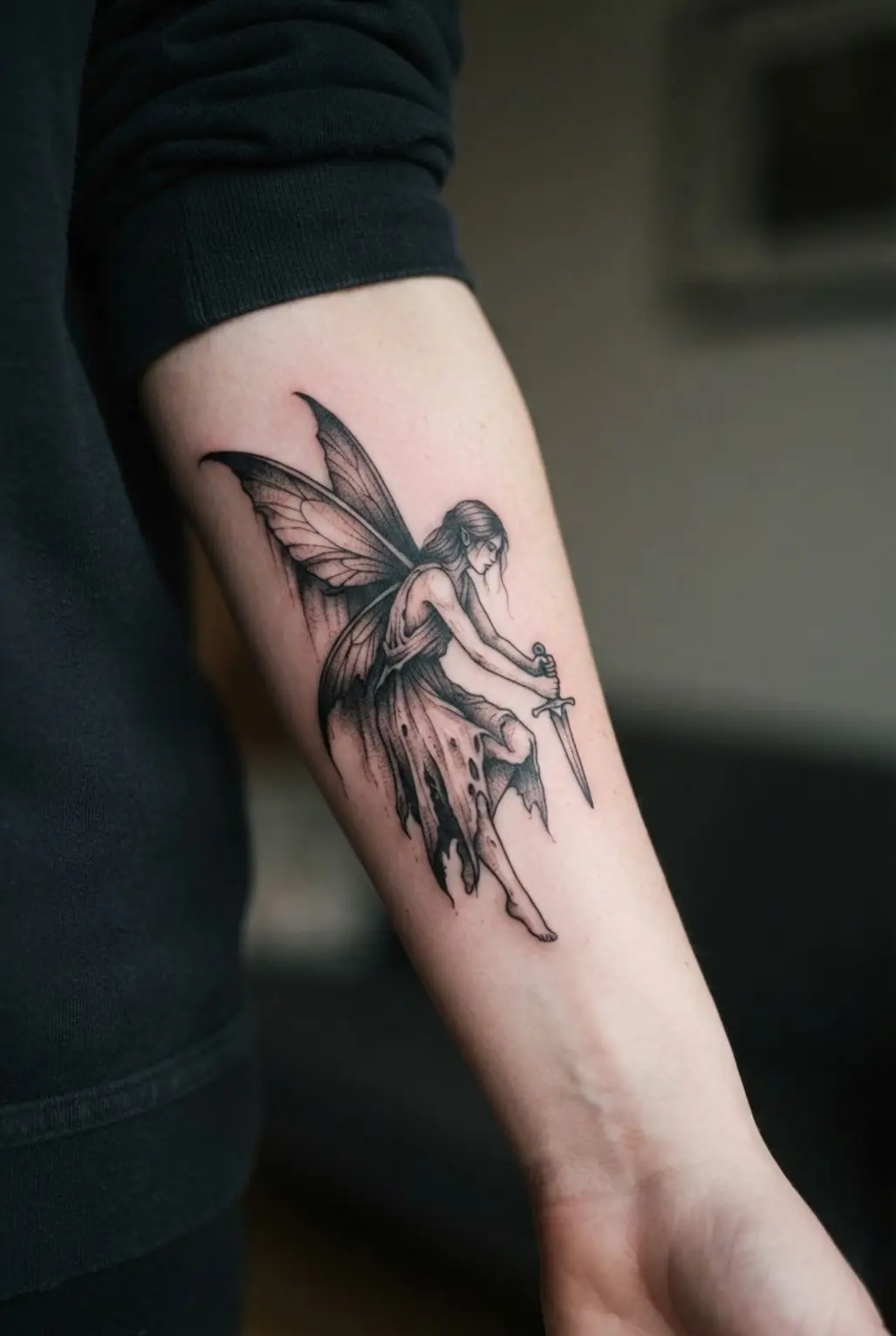 Gothic fairy tattoo designs show a fallen fairy gripping a dagger with dark wing shading.