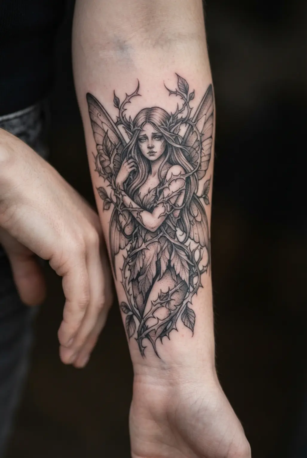 Gothic fairy tattoo designs show a woodland nymph with wings and thorn-covered limbs.