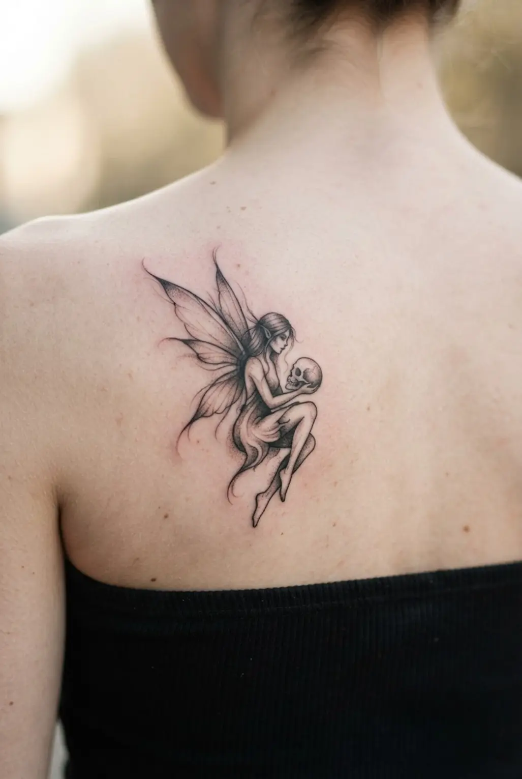 Gothic fairy tattoo designs feature an ethereal fairy holding a skull in soft black and grey shading.