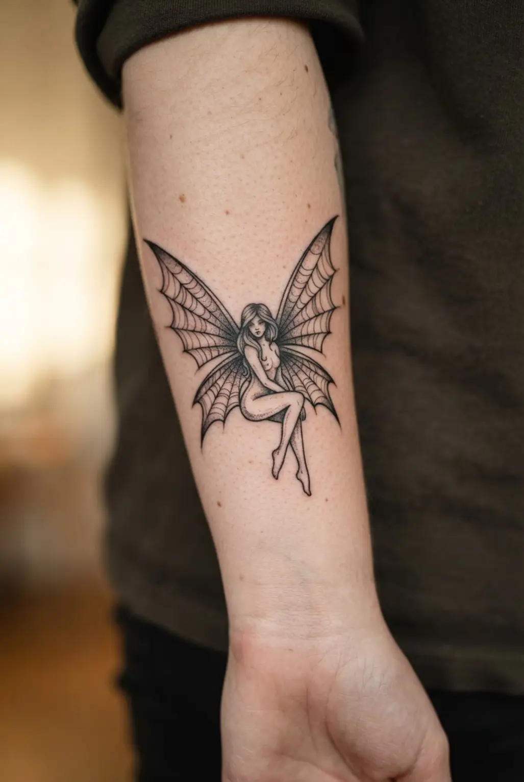 Gothic fairy tattoo designs show a winged fairy with spiderweb patterns and fine black lines.