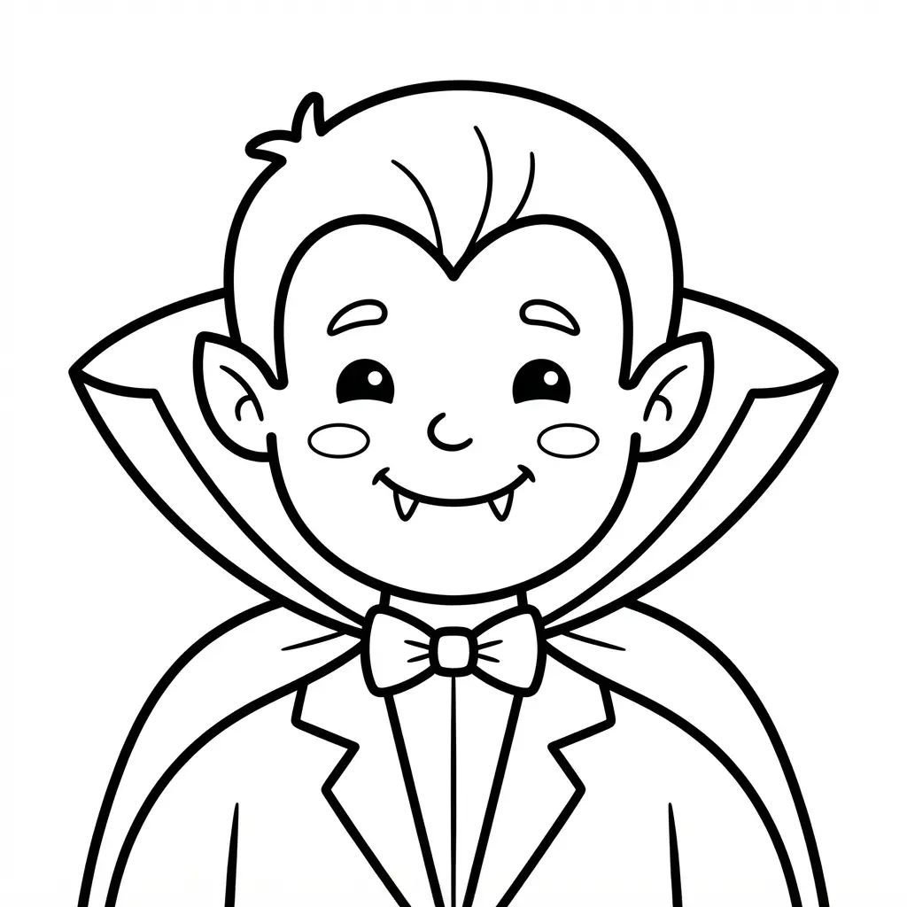 Friendly vampire with cape, small fangs, and a cheerful expression in line art.