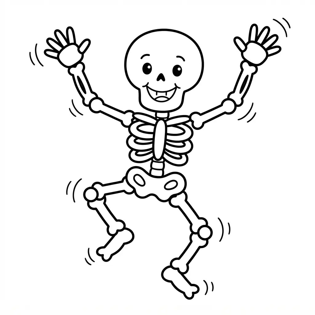 Playful skeleton dancing with raised arms, bent legs, and a cheerful face.