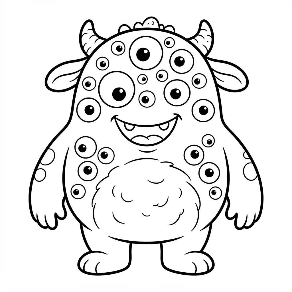 Monster with many wobbly eyes, rounded feet, and a wide friendly smile.