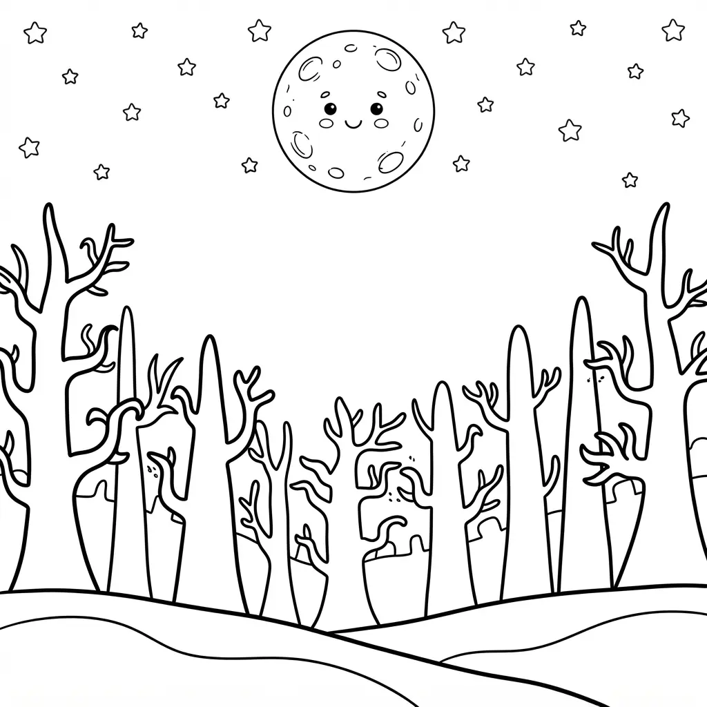Spooky forest silhouette at night with tall trees, a moon, and open sky.