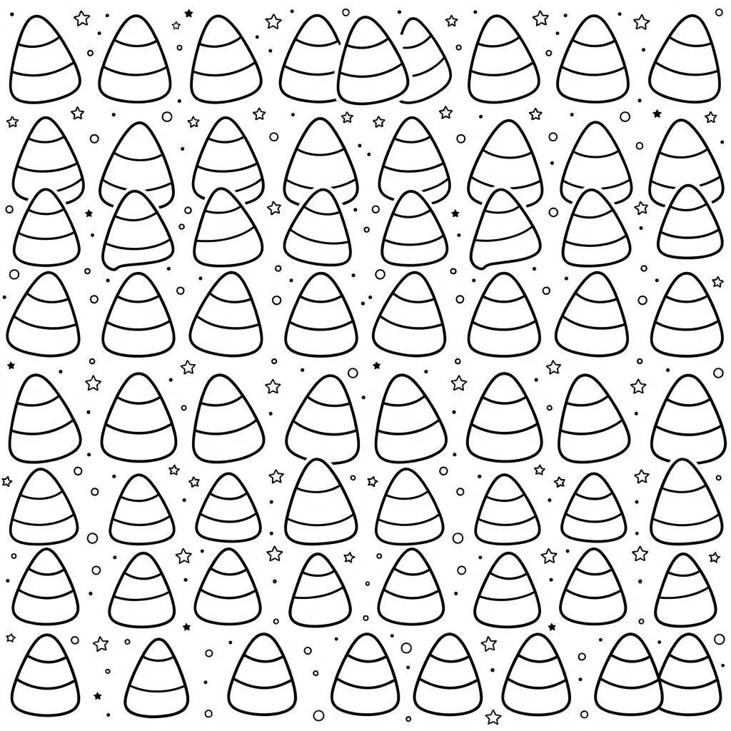 Candy corn patterns and shapes arranged in rows for a simple coloring activity.
