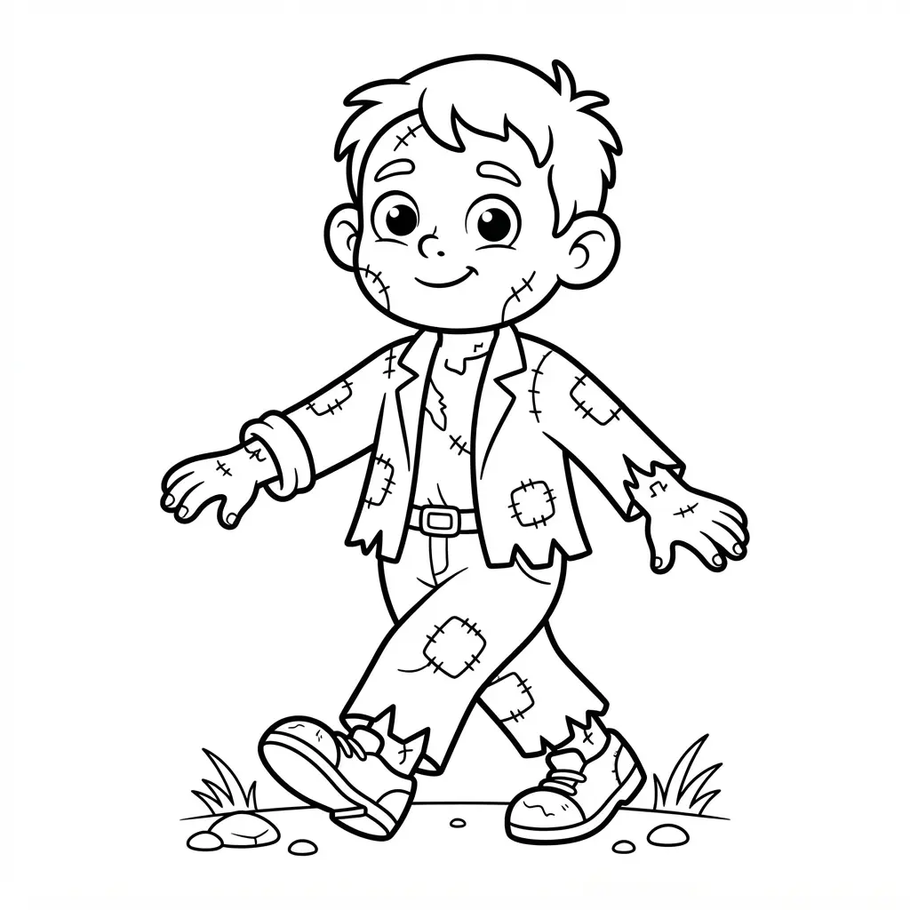 Cute little zombie walking forward with patched clothing and a friendly expression.