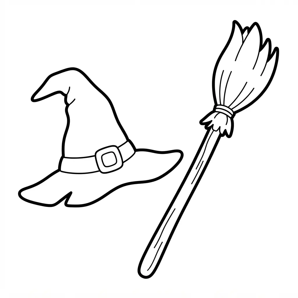 Pointy witch hat and broomstick arranged together in clean printable line art.