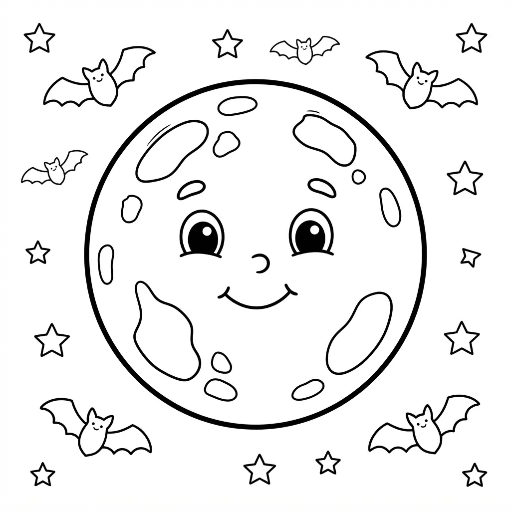Full moon behind several bats in a clear night sky coloring design.
