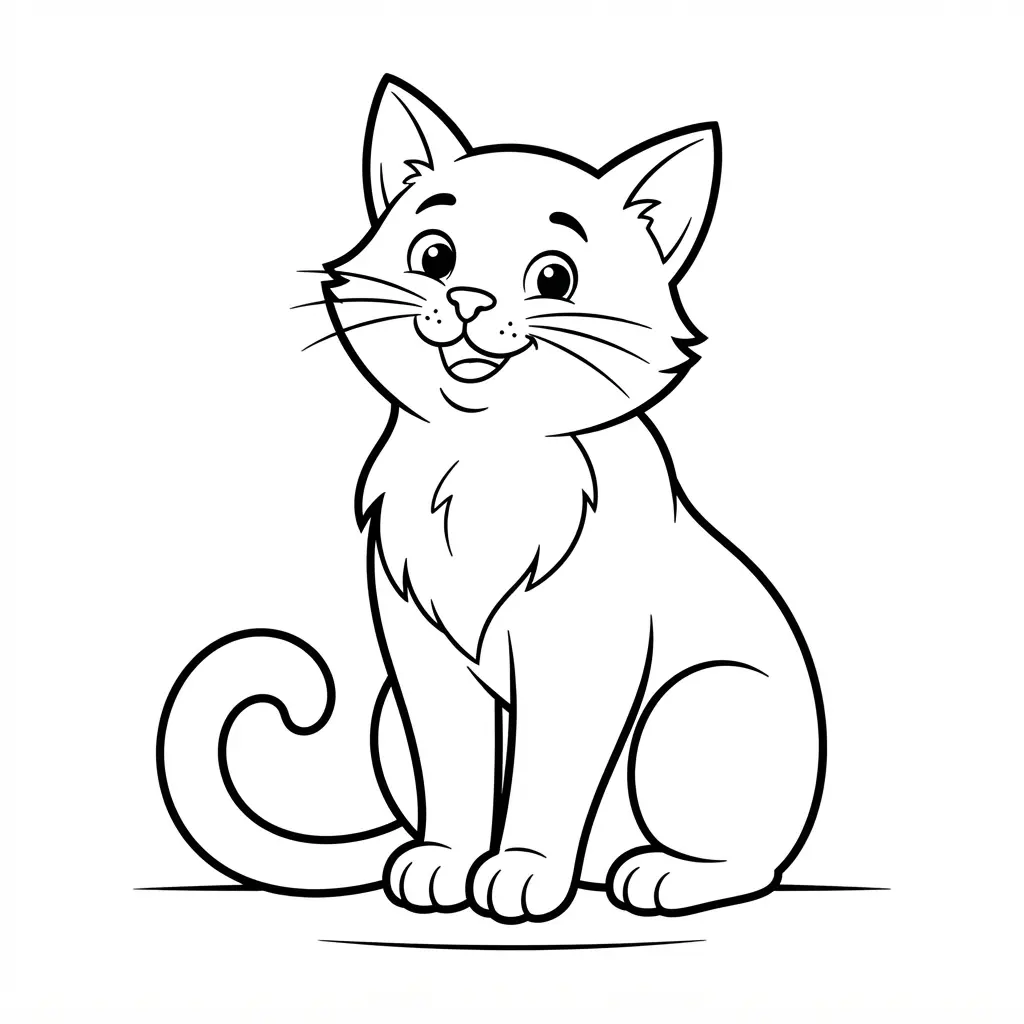 Smiling black cat sitting proudly with a curled tail and pointed ears.