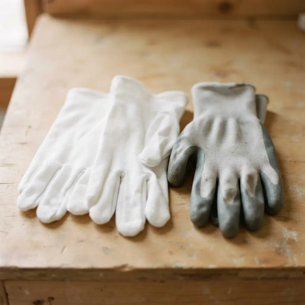 White cotton glove liners arranged beside reusable painting gloves on a neutral studio work surface.