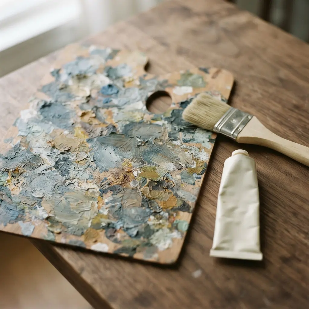 A fragrance-free ceramide hand cream beside a clean paintbrush and palette for hand care for painters.