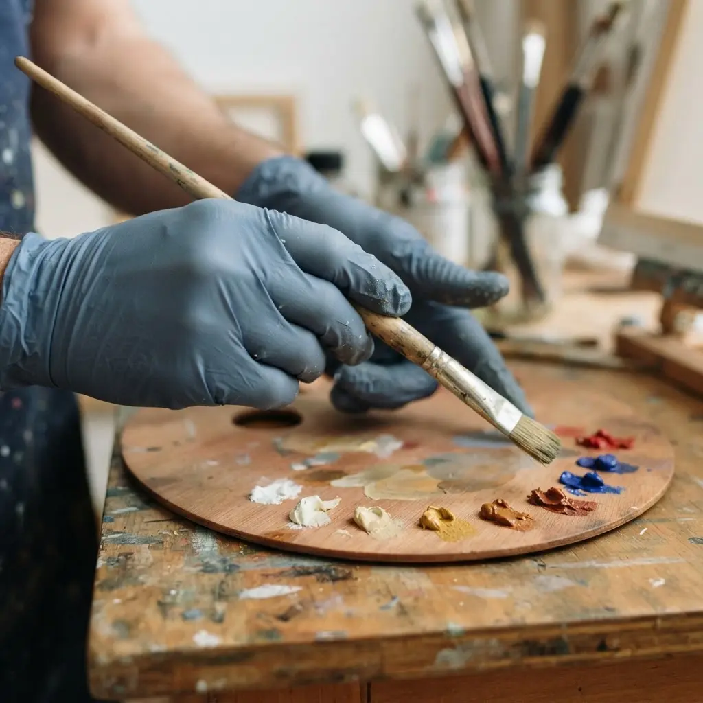 Protected hands wearing nitrile gloves while holding a brush over a tidy studio palette for hand care for painters.