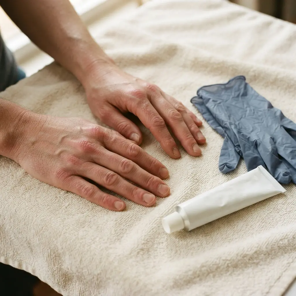 Close-up of dry reddened hands beside nitrile gloves and fragrance-free ointment for hand care for painters.