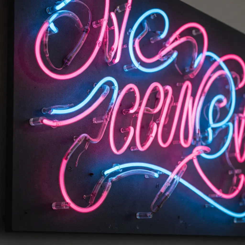 Dynamic neon glow sign typography with pink and blue tube letters mounted on a dark background.