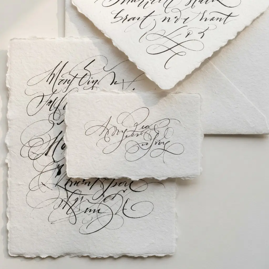 Wedding invitation, place card, and envelope featuring modern calligraphy with thin lines and graceful flourishes.