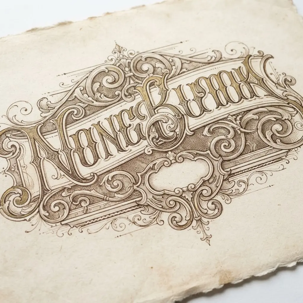 Vintage ornate banner title in hand lettering typography, with curling borders, shaded letters, and aged paper texture.