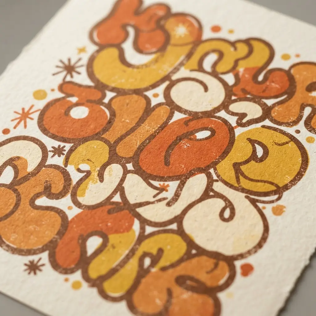 Retro bubble lettering poster art with rounded outlined letters, warm colors, and small star accents.