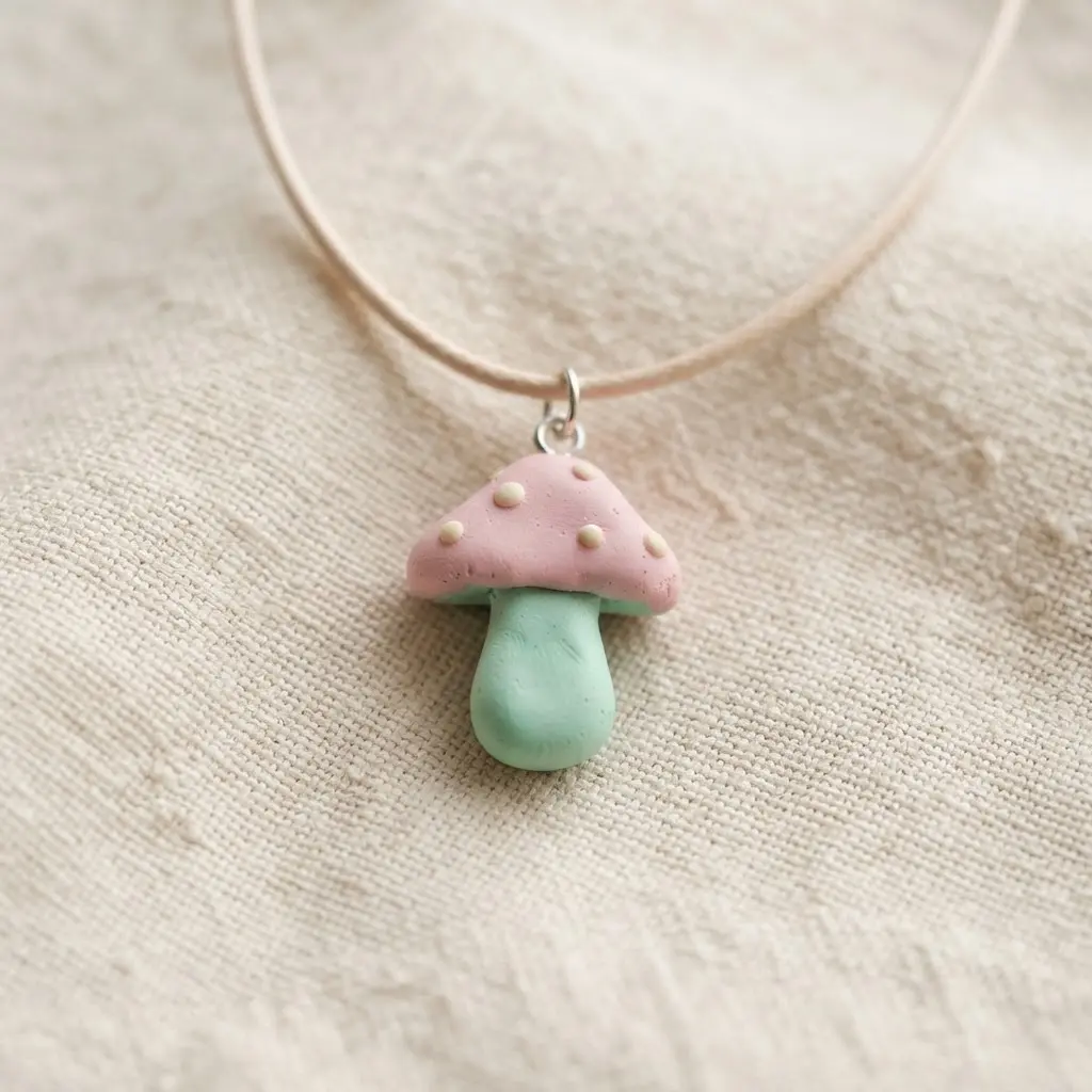 Pastel polymer clay mushroom pendant on a pale cord, a sweet handmade necklace idea with soft color details.