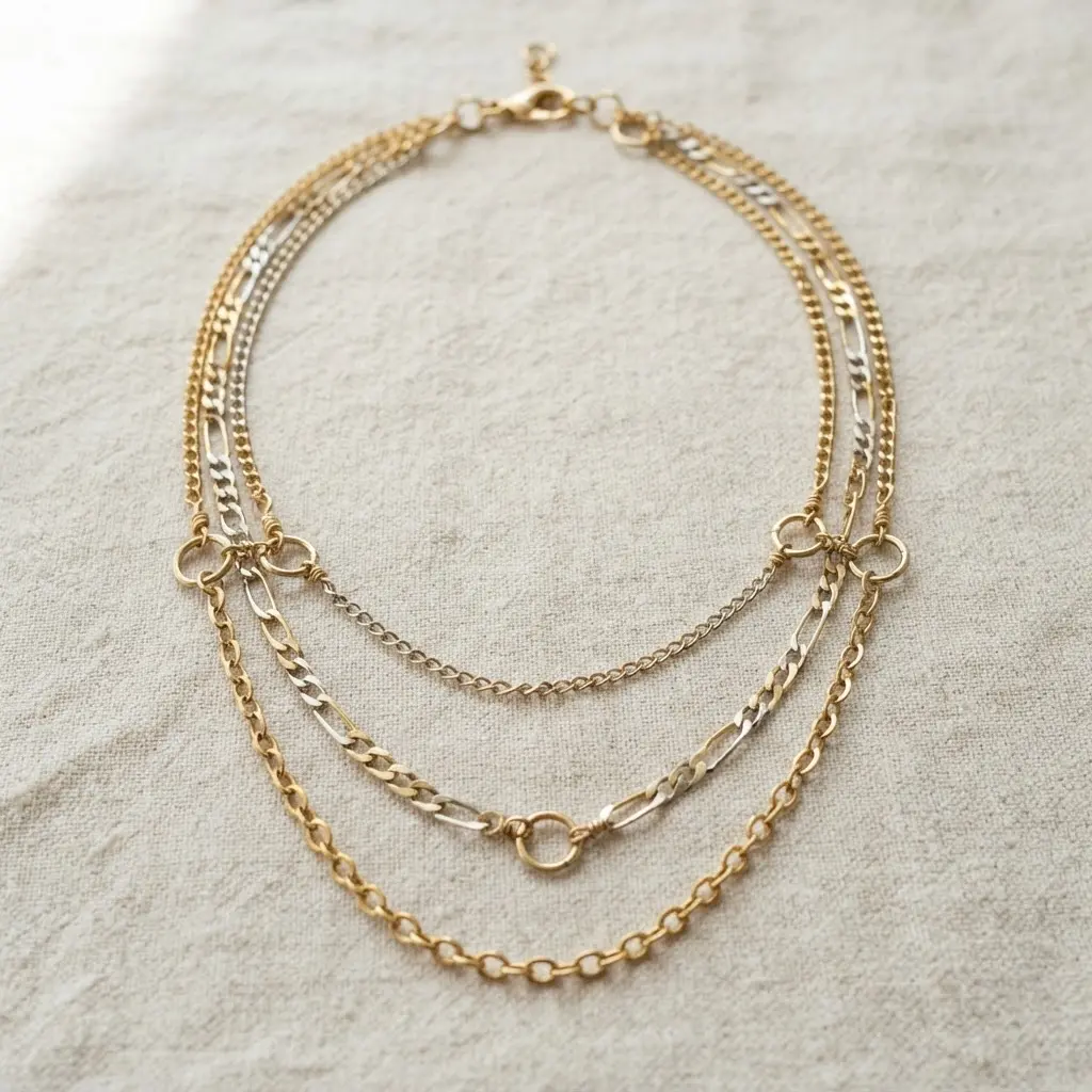 Three tiered metal chain strands hang at different lengths, forming a clean layered necklace arrangement.