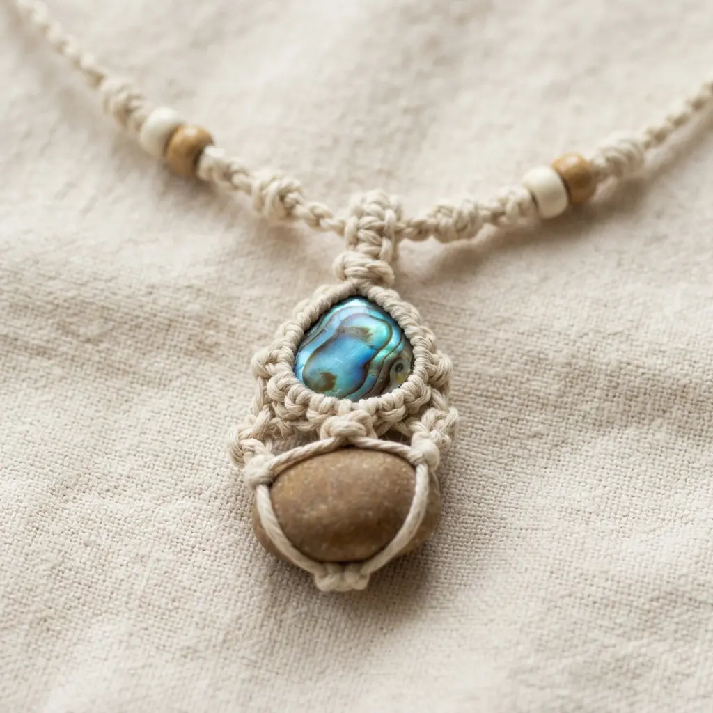 Blue shell and smooth stone pendant held by cream macrame knots, a relaxed handmade necklace idea.