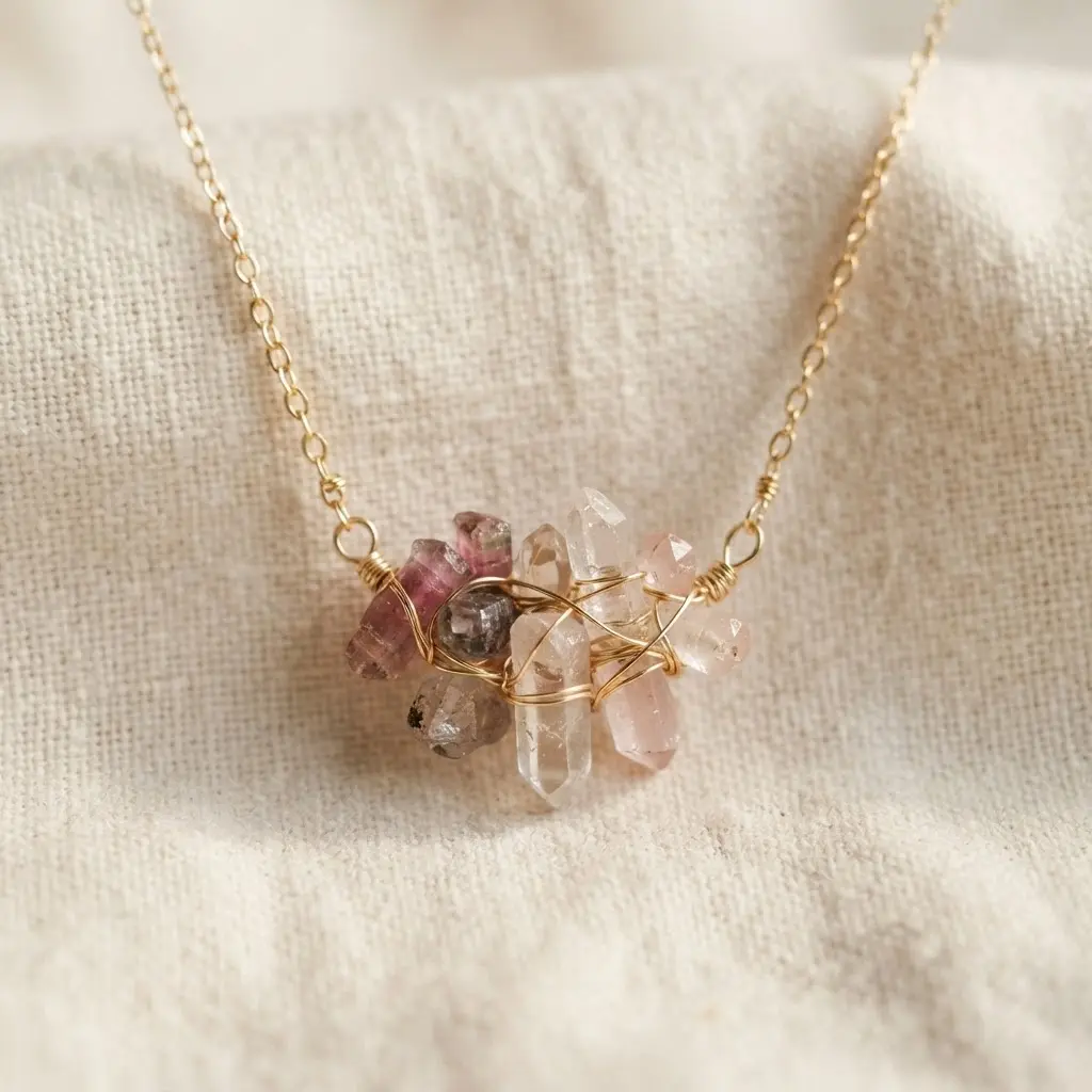 Small birthstone crystal cluster pendant with pink and clear stones arranged on a fine gold chain.