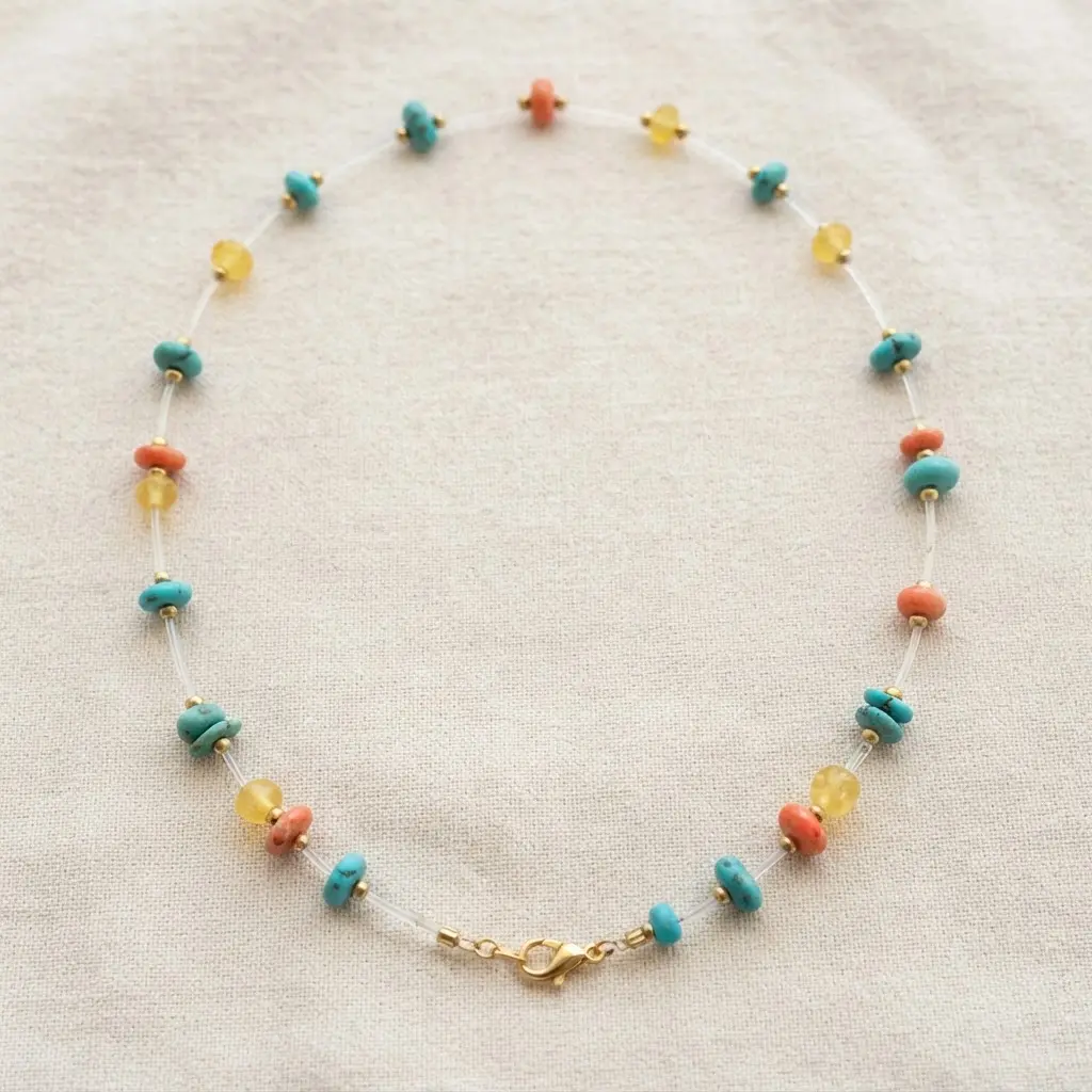 Colorful beads appear spaced along a clear nylon cord, creating a light floating necklace design.