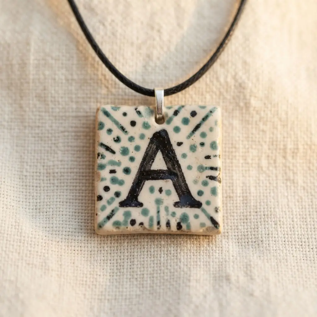 Patterned Scrabble tile pendant attached to a black cord, a playful handmade necklace idea with bold lettering.