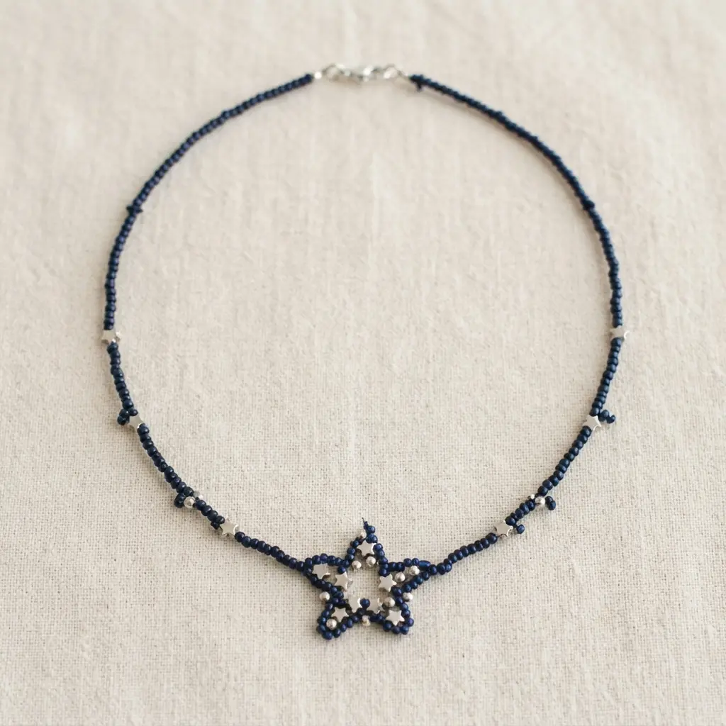 Dark blue beads and small metal stars form a constellation design necklace with a central star shape.