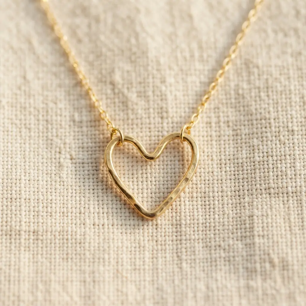 Minimalist gold wire heart pendant linked to a fine chain on a light background.