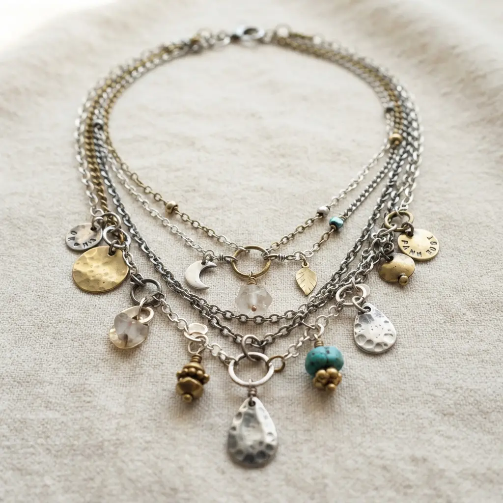 Layered silver and brass chains carry assorted charms, creating a mixed metal necklace with varied shapes.