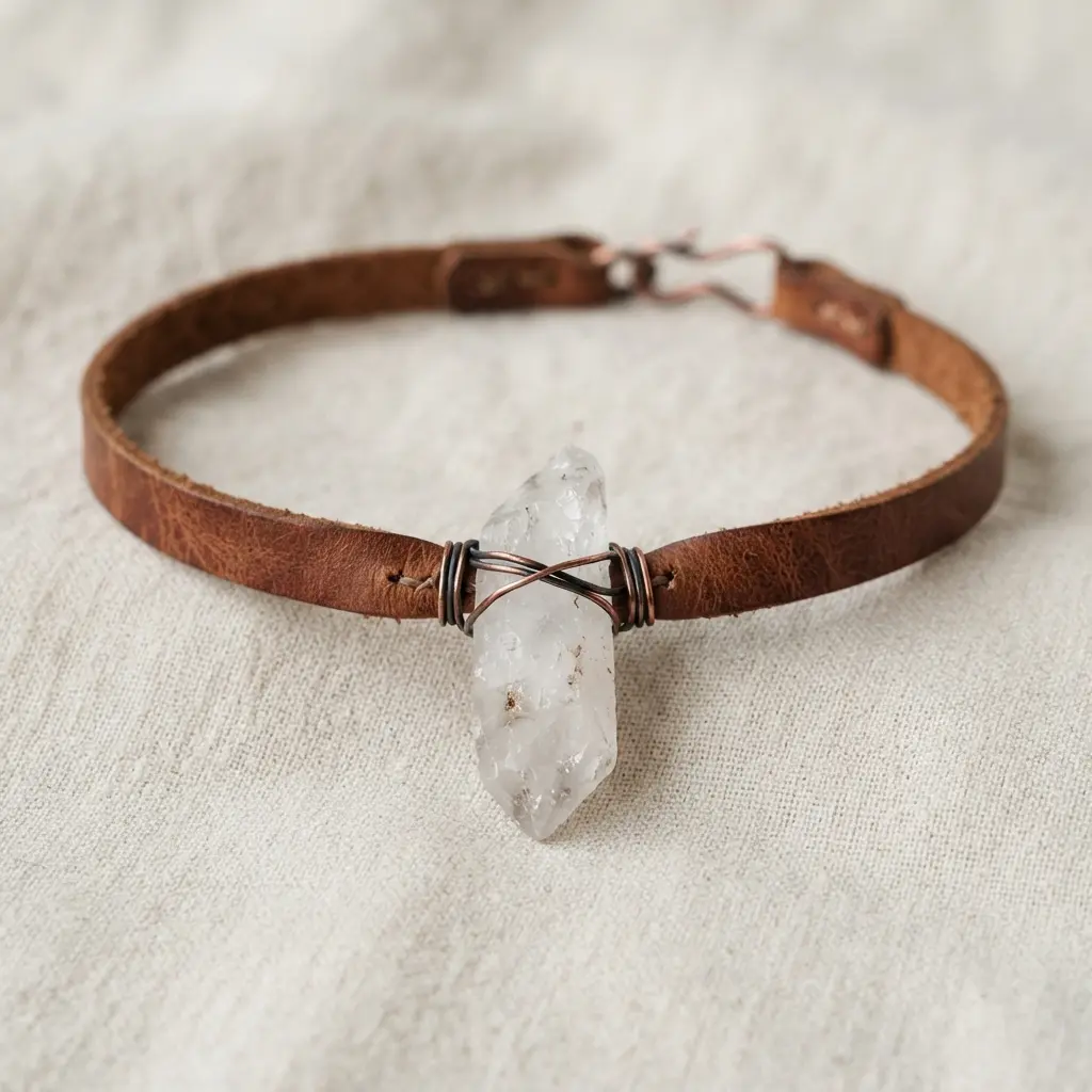 Raw crystal point secured to a brown leather choker, showing a rustic handmade necklace idea with natural texture.