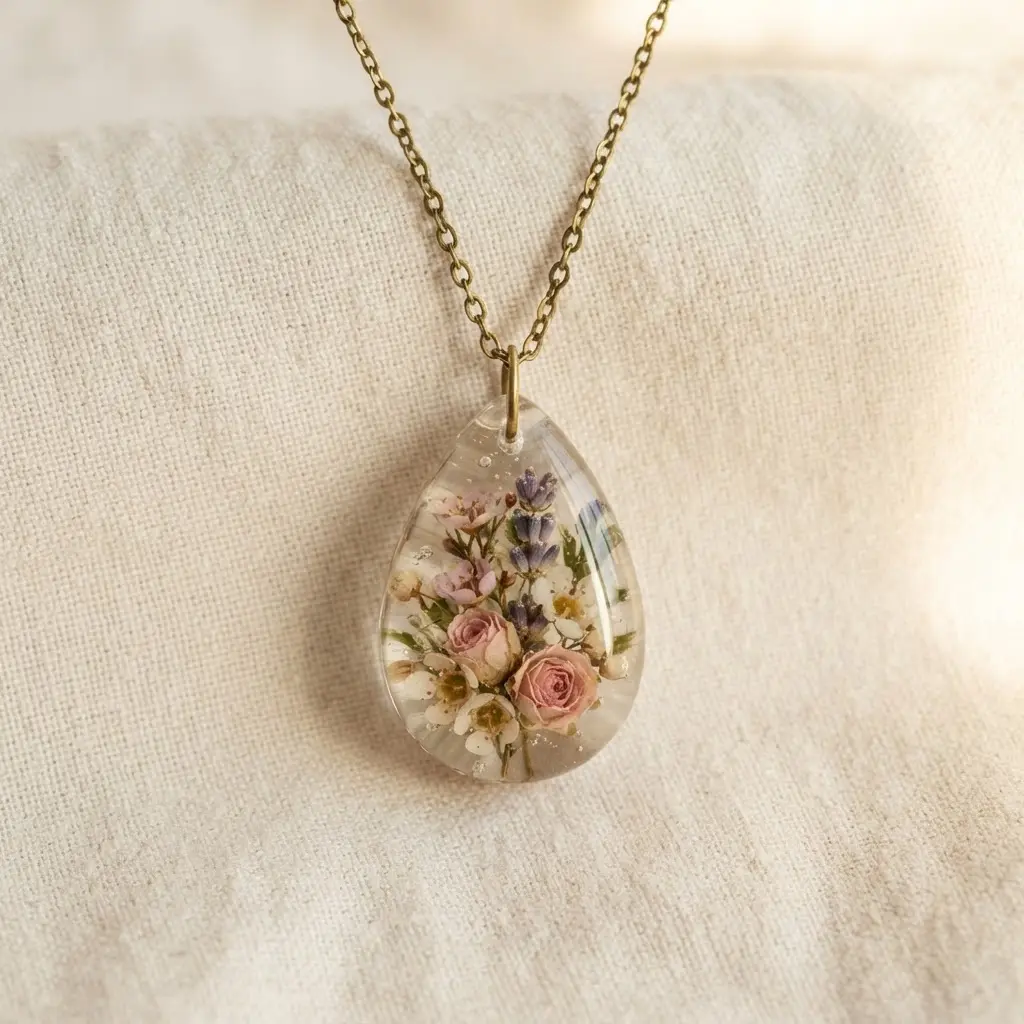 Clear resin teardrop pendant containing tiny dried flowers, displayed on a delicate necklace chain.