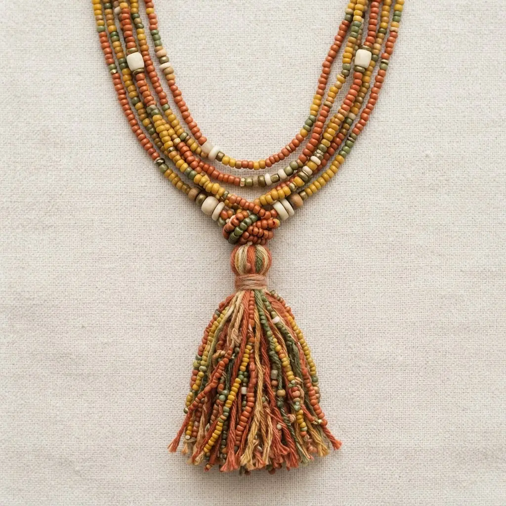 Bohemian seed bead tassel necklace in warm earth tones, a colorful handmade necklace idea with layered strands.