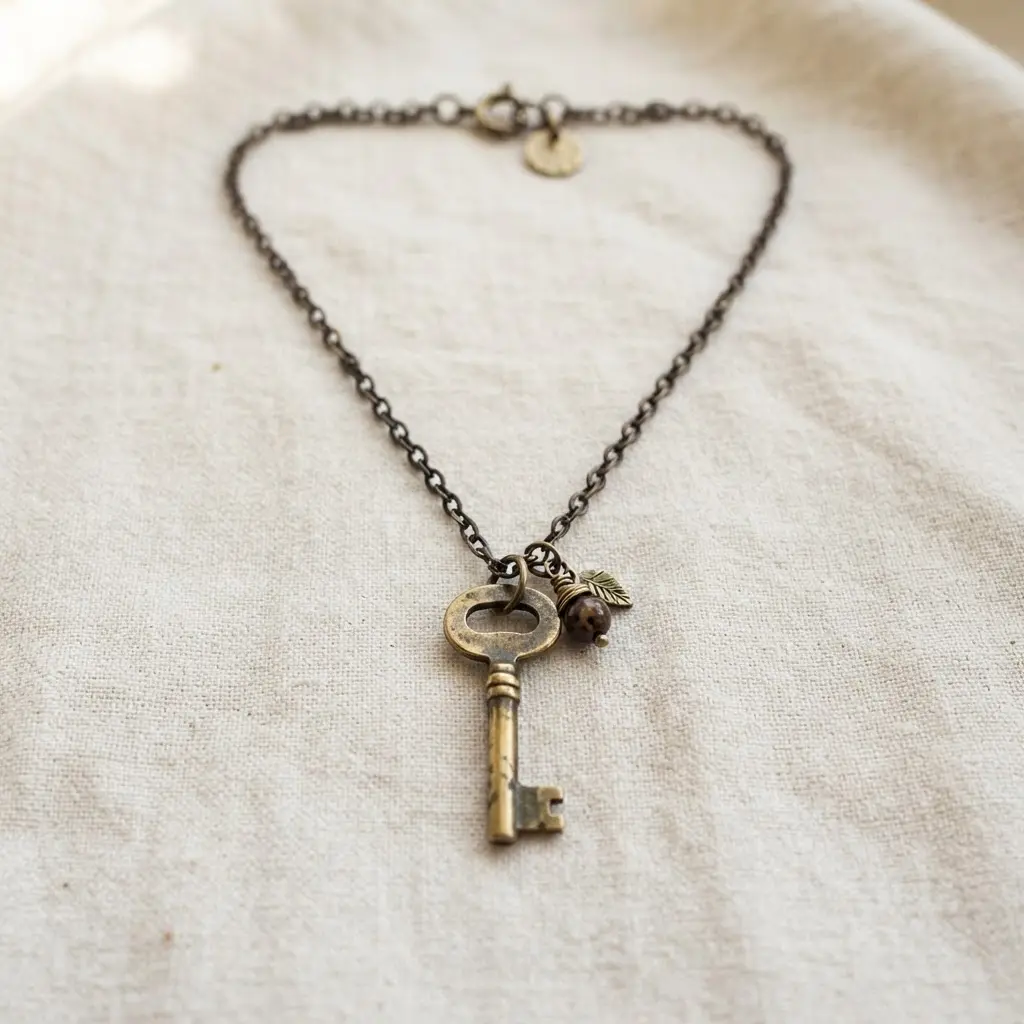 Aged brass key pendant paired with a tiny charm and dark chain on a neutral surface.