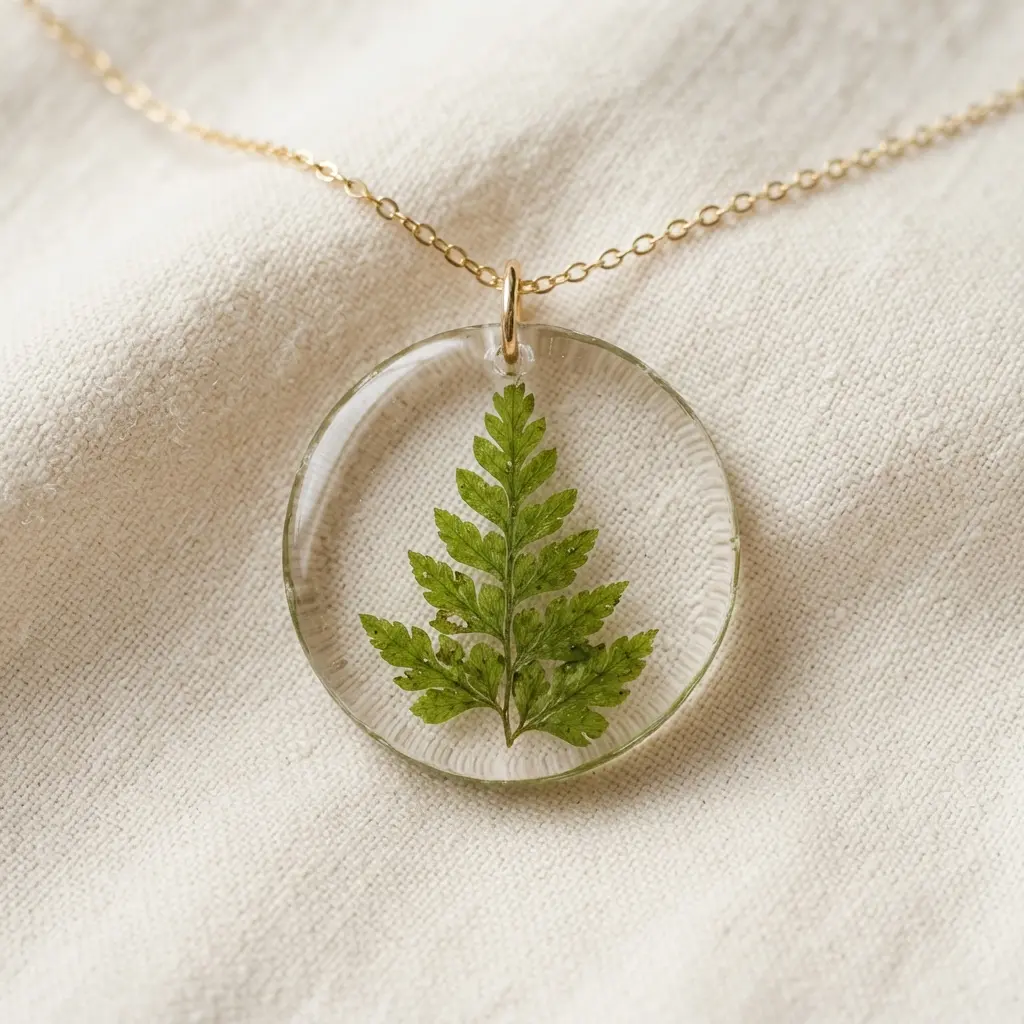 Pressed green fern leaf visible inside a round clear resin pendant on a slim necklace chain.