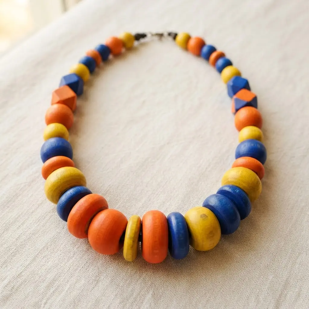 Large colorful wooden beads form a bold statement necklace with orange, blue, yellow, and green sections.