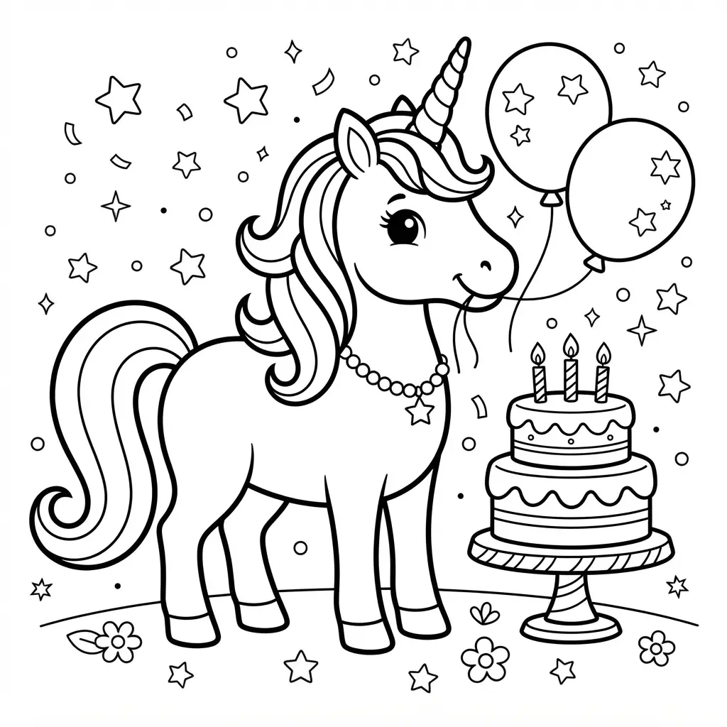 Magical unicorn birthday scene with a horn, balloons, cake, stars, and clean outlines.