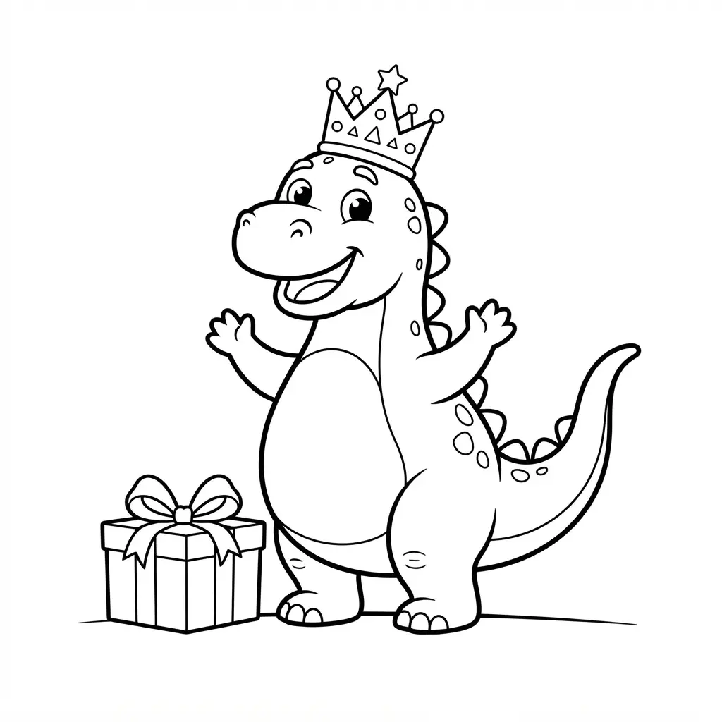 Smiling dinosaur wearing a crown hat beside presents in happy birthday coloring pages line art.