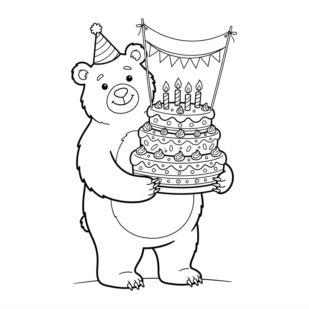 Friendly birthday bear holding a large cake with candles and a small party banner.