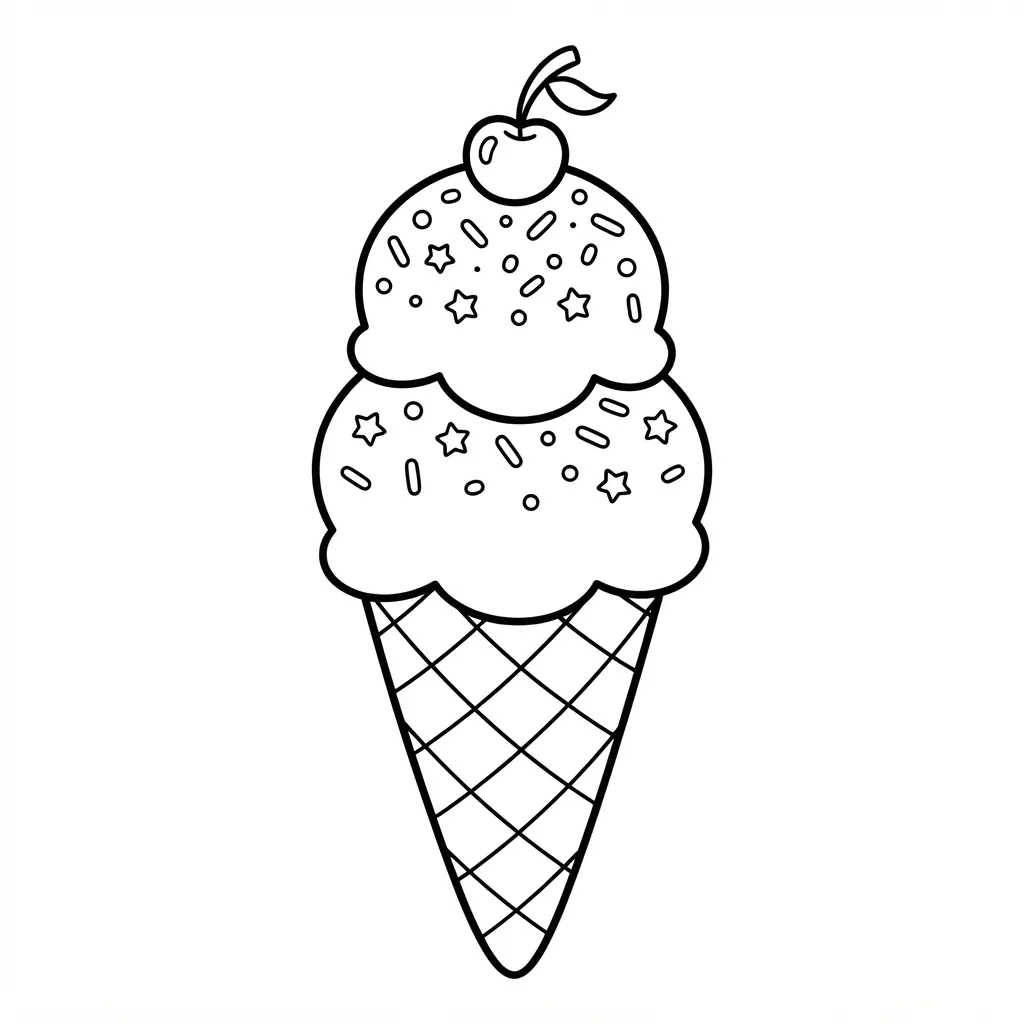 Ice cream cone party treat with scoops, sprinkles, and a wafer pattern for birthday coloring pages.