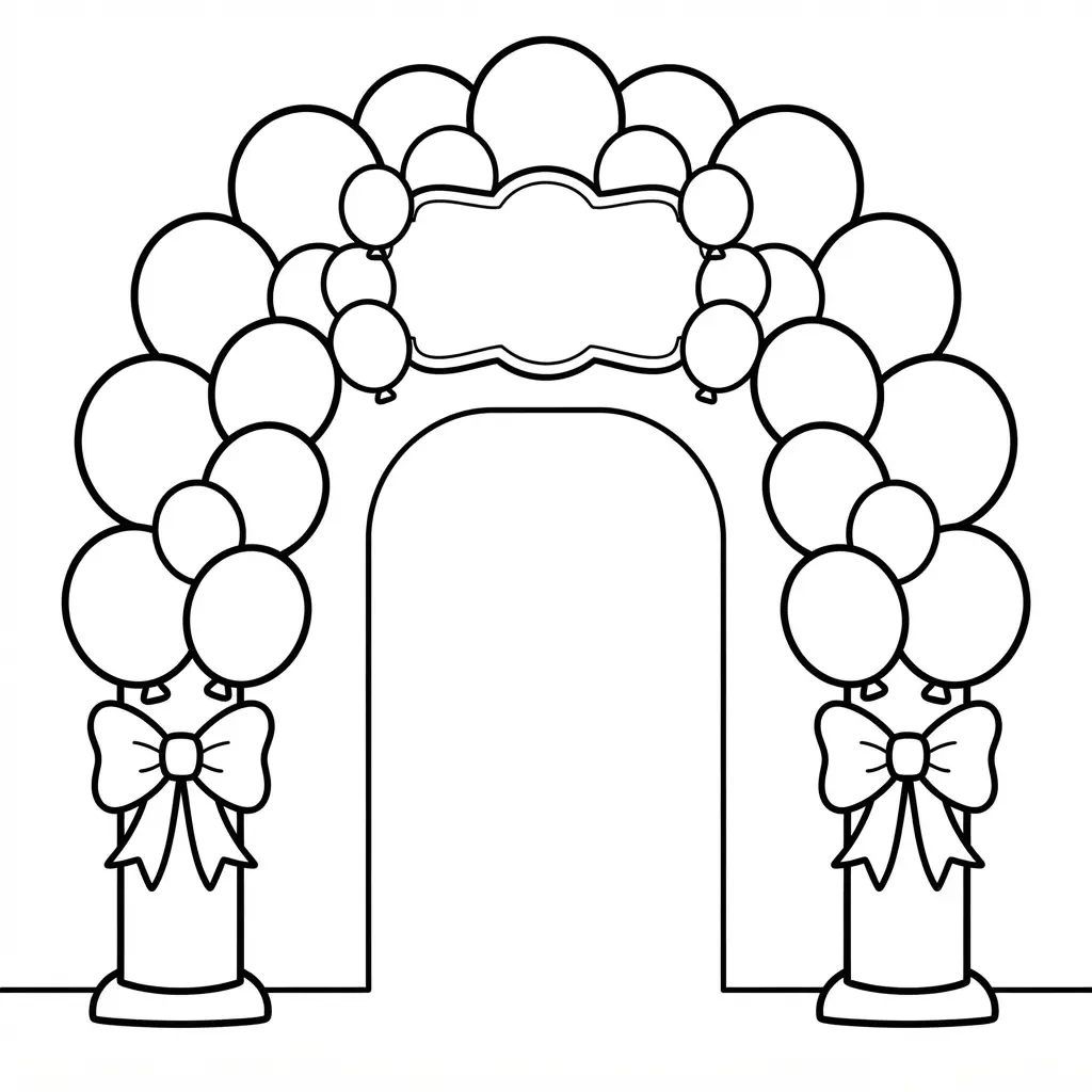 Balloon archway party entrance with bows and a welcome sign for birthday coloring pages.