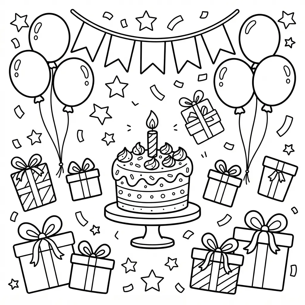 Detailed doodle-style birthday celebration with cakes, balloons, gifts, and banners for birthday coloring pages.