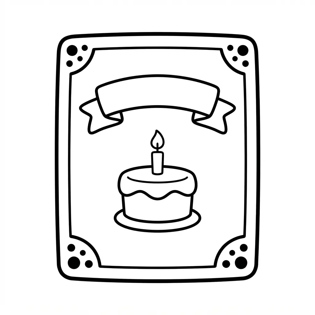 Simple birthday card outline layout showing a centered cake, banner, and rounded border.