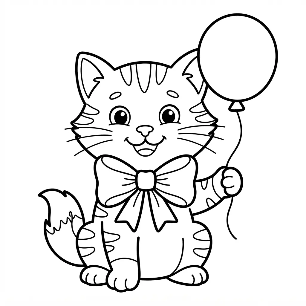 Happy Birthday kitten wearing a bow and holding a balloon in birthday coloring pages line art.