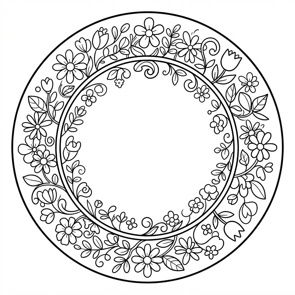Floral wreath Happy Birthday frame with leaves, flowers, and an open center for coloring.